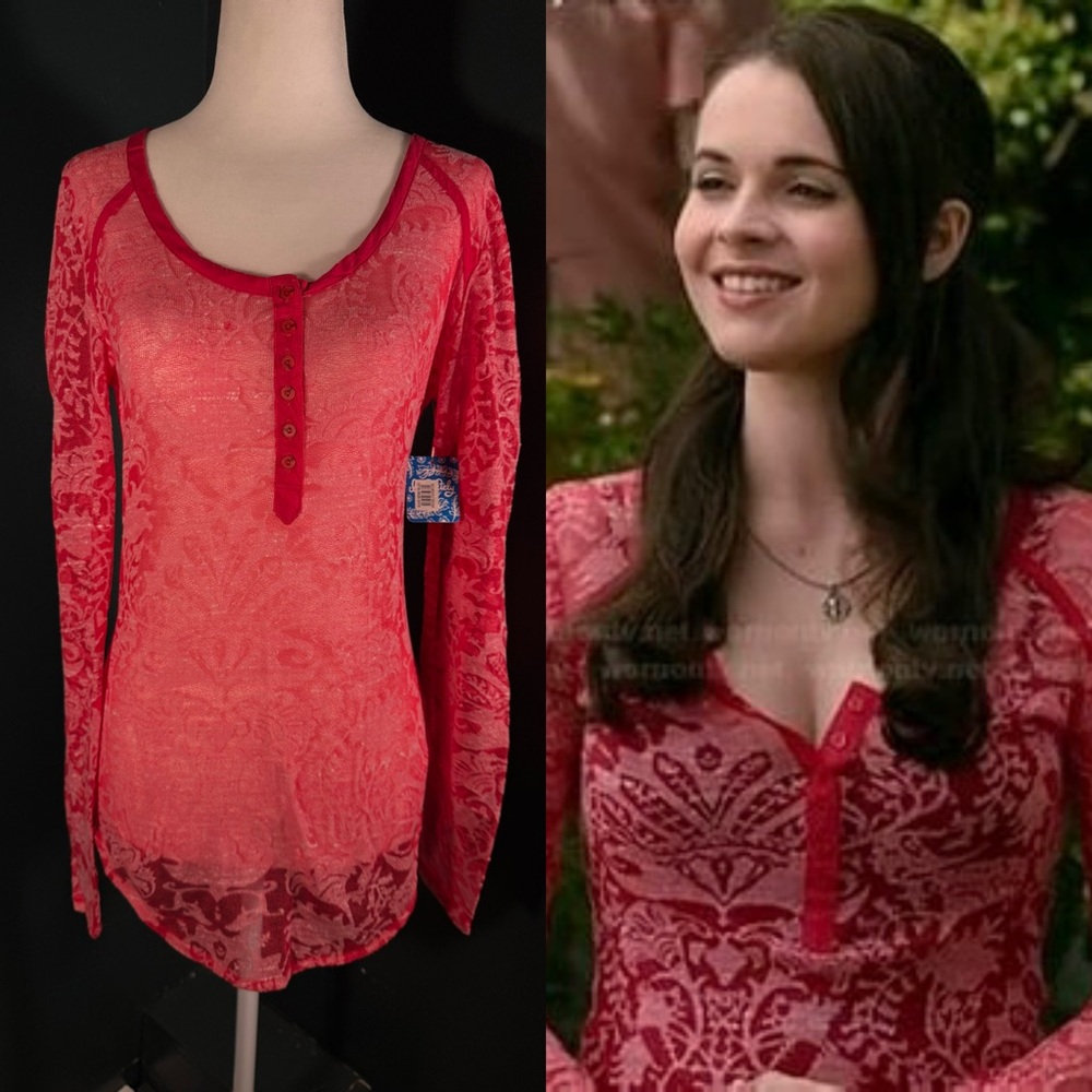 Free People NWT • Intimately Paisley Long Sleeve Paisley Henley Sheer Top Red L